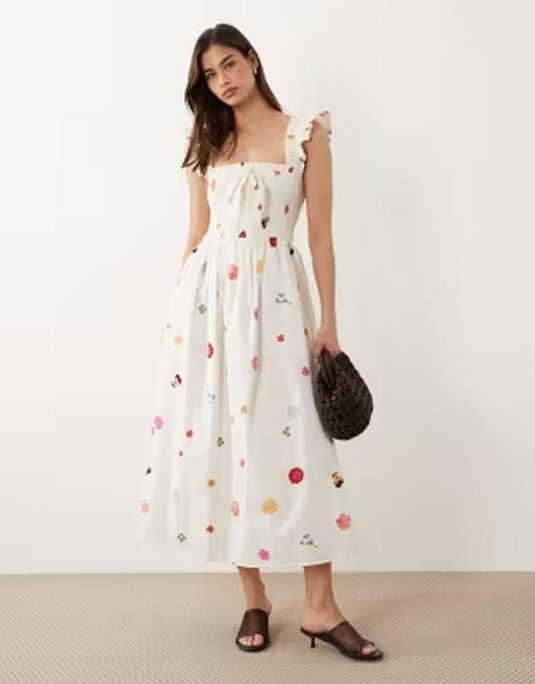 ノーバディーズ チャイルド レディース トップス ワンピース フラワー柄 ミディ コットン フラワー Nobodys Child Christina cotton flutter sleeve shirred bodice midi dress floral