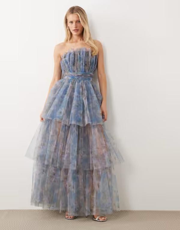レース アンド ビーズ レディース トップス ワンピース チュール フラワー柄 プリント マキシ フラワー Lace Beads bandeau tulle maxi dress floral print Multi マルチカラー
