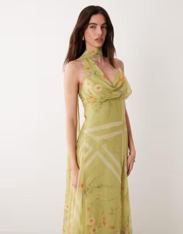 エイソス レディース トップス ワンピース フラワー柄 プリント マキシ フラワー ASOS DESIGN maxi slip dress with scarf detail floral print Green floral グリーン