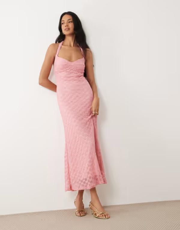 バードット レディース トップス ワンピース フラワー柄 メッシュ ミディ フラワー ホルター Bardot Mariko exclusive halter neck floral mesh midi dress in dusty Pink ピンク