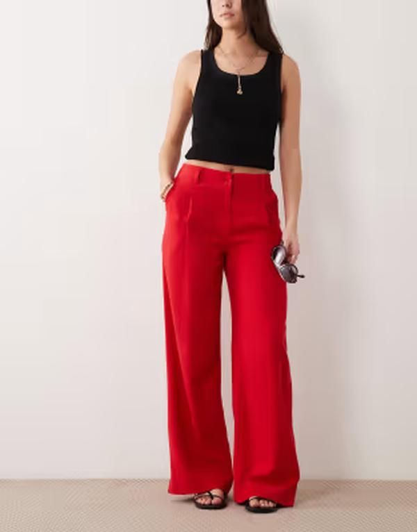 エイソス レディース ボトムス カジュアルパンツ ストレート リネン ASOS DESIGN linen blend relaxed straight leg pants Red レッド
