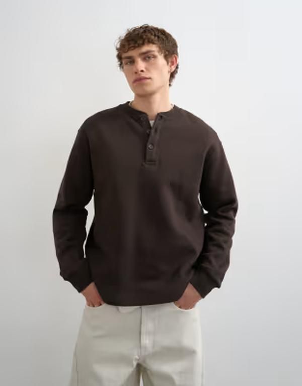 トップマン メンズ アウター パーカー・スウェット リラックスフィット シャツ Topman relaxed fit henley sweatshirt BROWN ブラウン