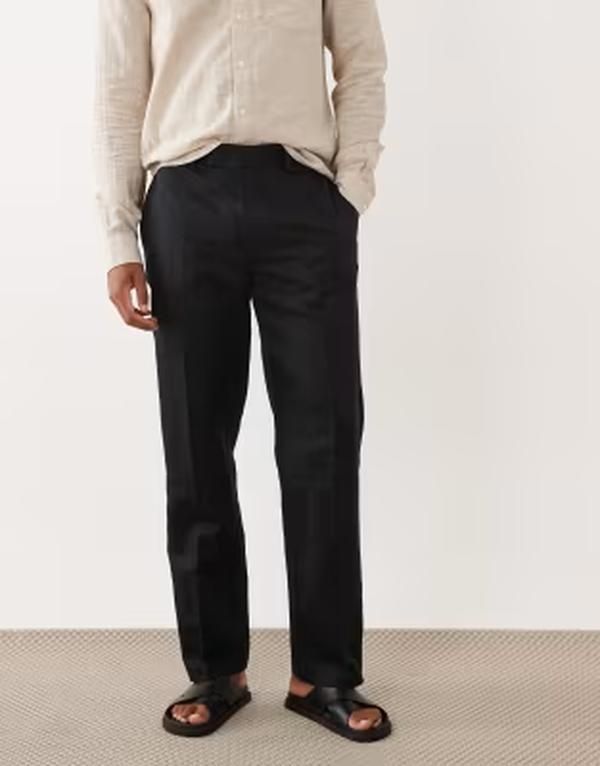 エイソス メンズ ボトムス カジュアルパンツ ストレート リネン ASOS DESIGN tailored linen rich straight leg pants Black ブラック
