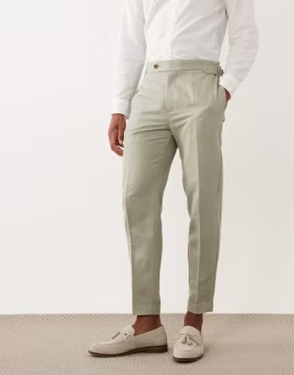 エイソス メンズ ボトムス カジュアルパンツ リネン ASOS DESIGN tailored linen rich tapered pants in sage green with side adjuster detail and cuffed hem SA