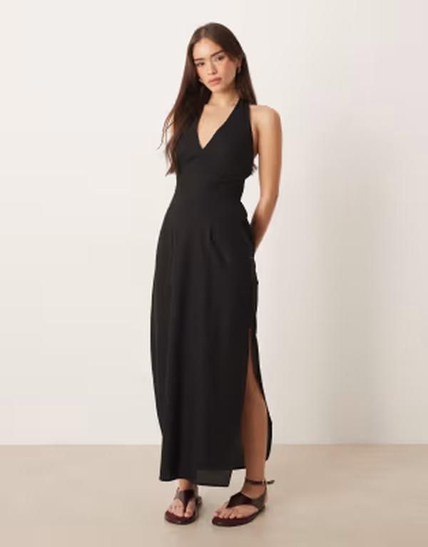 エイソス レディース トップス ワンピース ミディ コットン リネン ホルター ASOS DESIGN cotton linen blend halter neck midi sundress with sculpted bust Black ブラック