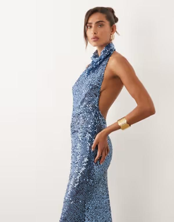 エイソス レディース トップス ワンピース シアー スパンコール マキシ ホルター ASOS DESIGN embellished sheer sequin halter maxi dress Blue ブルー