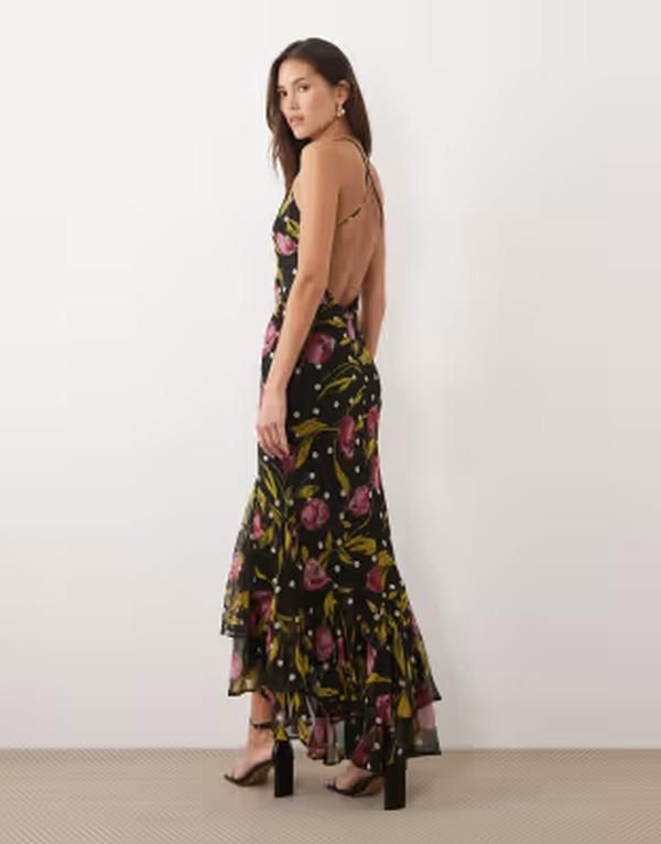 エイソス レディース トップス ワンピース フラワー柄 プリント フリル スカート マキシ フラワー ASOS DESIGN strappy fishtail skirt ruffled maxi dress in dark floral print Blac