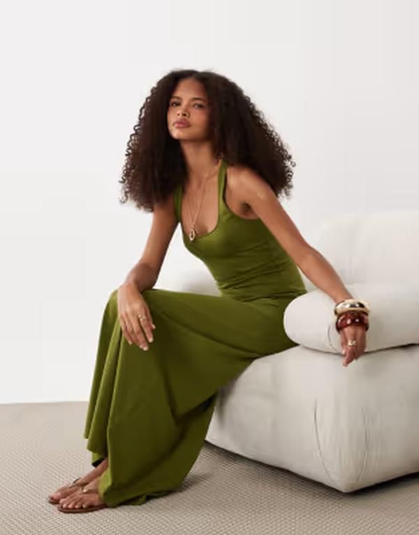エイソス レディース トップス ワンピース マキシ ASOS DESIGN scoop neck maxi dress Khaki カーキ