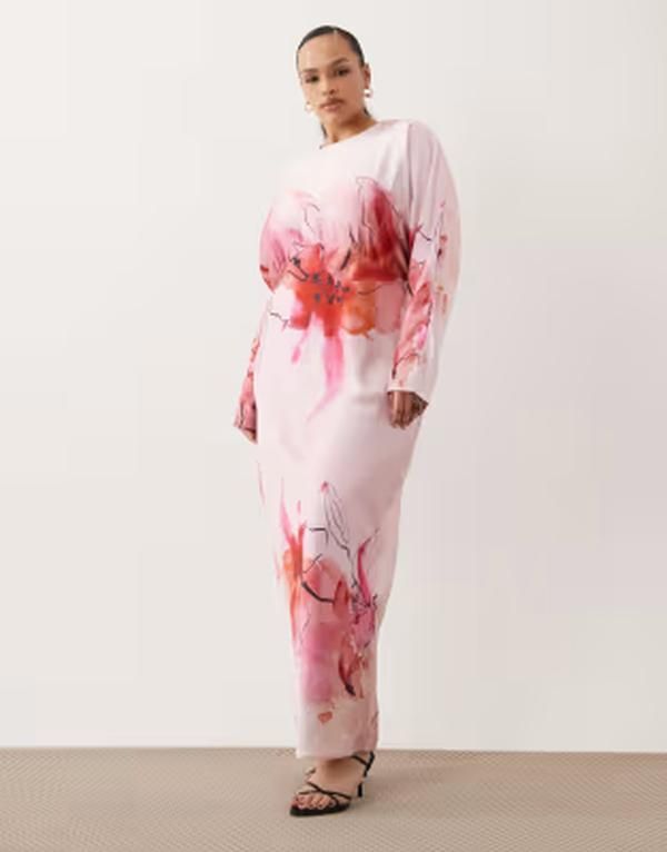 エイソス レディース トップス ワンピース フラワー柄 プリント サテン マキシ フラワー ASOS Curve ASOS DESIGN Curve satin batwing maxi dress floral print Pink floral print