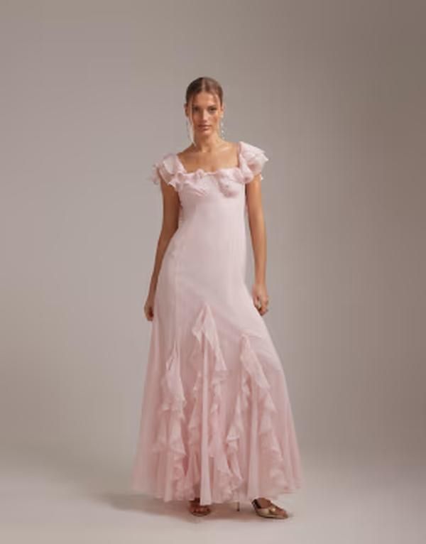 エイソス レディース トップス ワンピース シフォン フリル マキシ ASOS DESIGN bridesmaids bardot ruffle chiffon maxi dress in light PINK ピンク