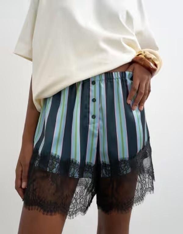トップショップ レディース ボトムス ハーフパンツ・ショーツ ナイロン ショートパンツ レース Topshop nylon stripe lace boxer shorts multi マルチカラー