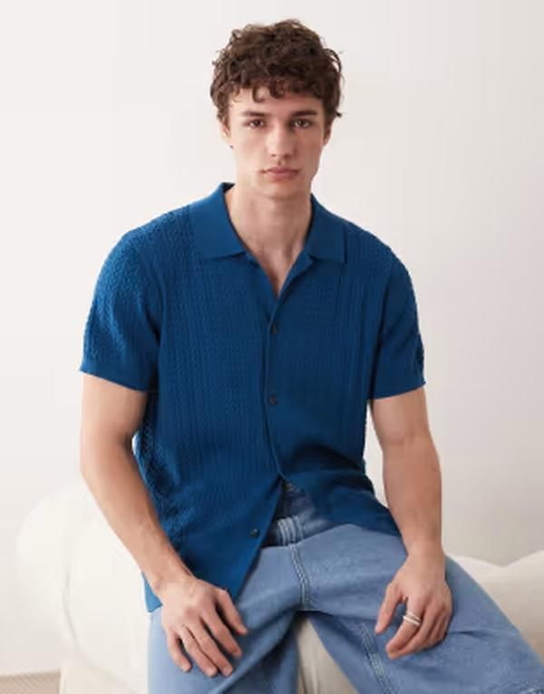 サウスビーチ メンズ トップス シャツ ボタンダウン ニット South Beach button down knit shirt in mid BLUE ブルー