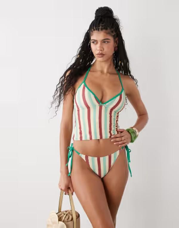 リクレイム ヴィンテージ レディース 水着 ボトムスのみ Reclaimed Vintage tie side bikini bottom and yellow retro stripe Multi マルチカラー