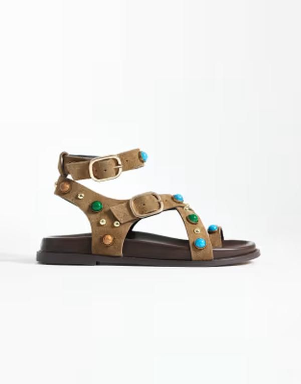 スティーブ マデン レディース シューズ サンダル スエード Steve Madden Linear studded footbed sandals with buckle strap in taupe suede Taupe suede トープ