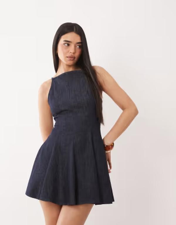 エイソス レディース トップス ワンピース ミニ デニム ASOS DESIGN denim racer neck mini dress with godet hem in rinse デニム