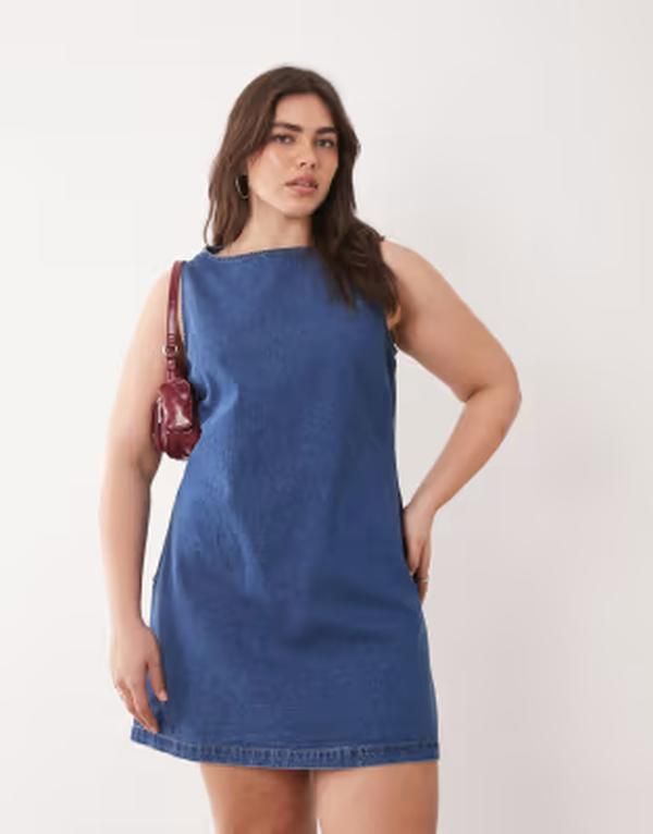 エイソス レディース トップス ワンピース デニム ASOS Curve ASOS DESIGN Curve denim fit and flare shift dress in mid BLUE ブルー