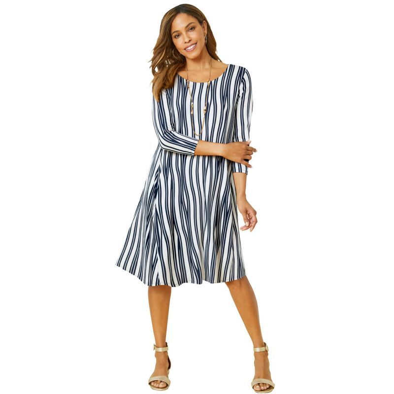 ジェシカロンドン レディース トップス ワンピース プラスサイズ Tシャツ ニット Jessica London Womens Plusize Stretch KnithreeQuarter Sleeve TShirt Dress White Navy Str