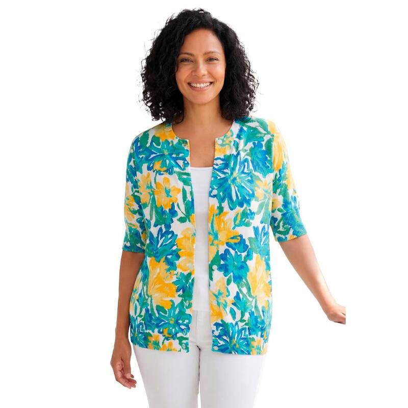 ウーマン ウィズイン レディース アウター ニット・セーター プラスサイズ カーディガン Woman Within Plusize Perfect ElbowLength Sleeve Cardigan Sweater Yellow Painted Flora