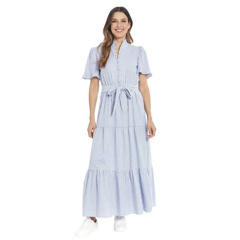 ロンドンタイムス レディース トップス ワンピース ティアード フリル マキシ Womens London Times Ruffle Neck Tiered Maxi Dress Blue White ホワイト