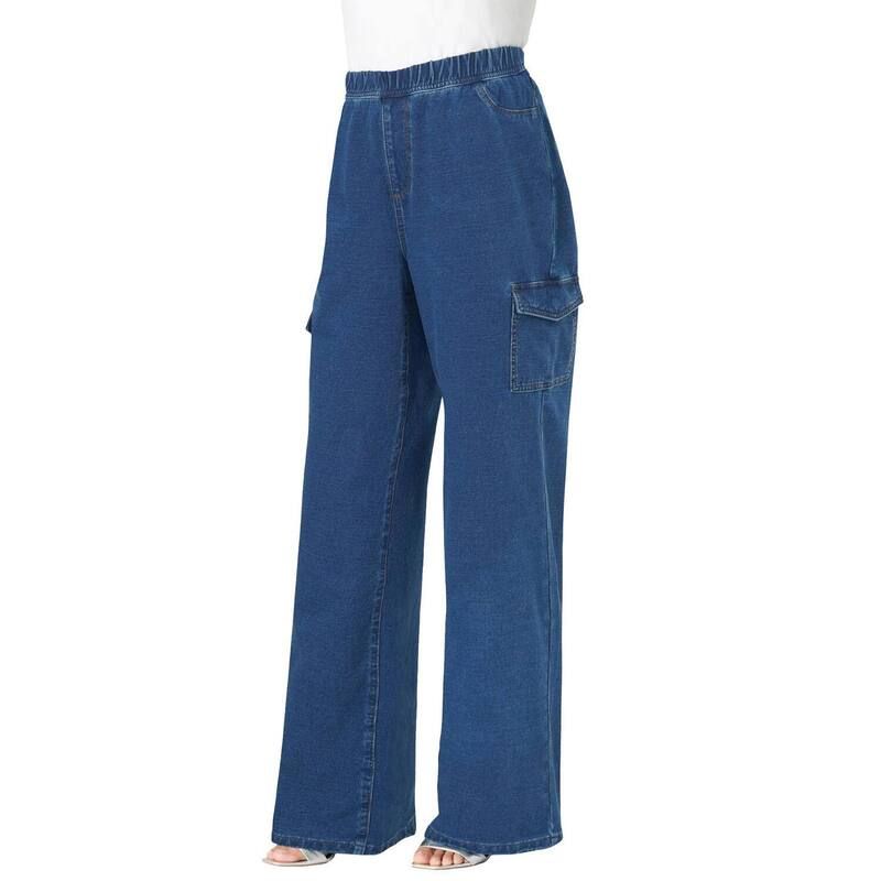 ロアマンズ レディース ボトムス デニムパンツ ワイドレッグ プラスサイズ ニット Roamans Womens Plusize Wide Leg Cargo Knit Jean Medium Wash