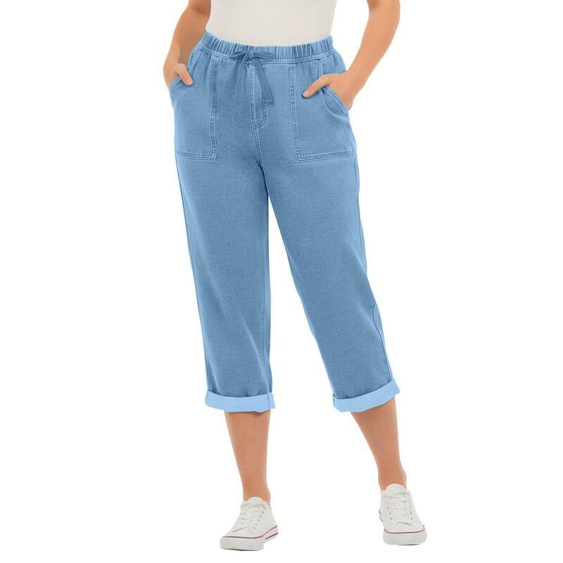 ロアマンズ レディース ボトムス カジュアルパンツ プラスサイズ デニム キャップ ニット Roamans Womens Plusize Knit Denim PullOn Cuffed Capri Jean Light Stonewash デニム
