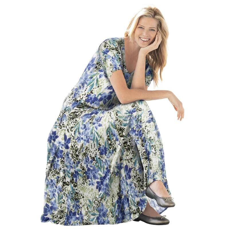 ウーマン ウィズイン レディース トップス ワンピース プラスサイズ プチ 半袖 Woman Within Plusize Petite ShortSleeve Crinkle Dress French Blue Floral ブルー