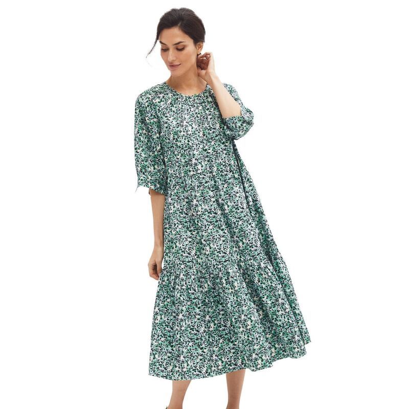 Ellos レディース トップス ワンピース ティアード プラスサイズ ミディ コットン ellos Plusize Tiered Cotton Midi Dress Ivory Green Ditsy アイボリー