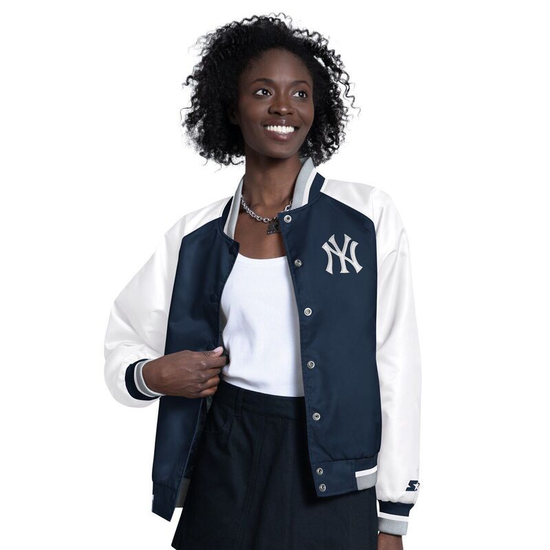 スターター レディース アウター ジャケット・ブルゾン サテン Womenstarter WhiteNavy New York Yankees Blitz Varsity Raglan FullSnap Satin Jacket Ynk Navy ネイビー