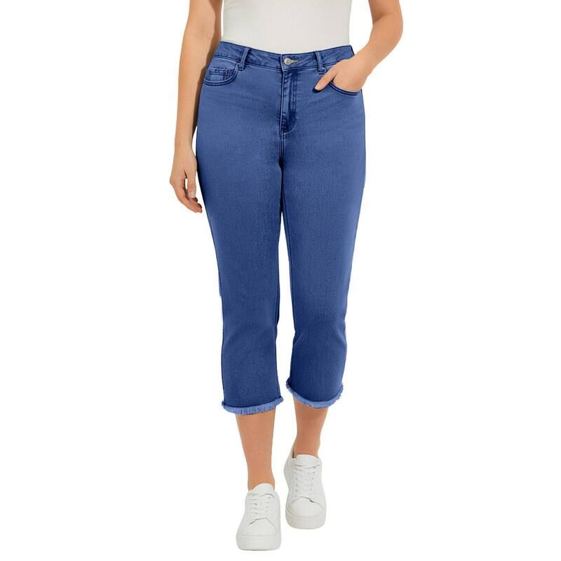 ロアマンズ レディース ボトムス カジュアルパンツ プラスサイズ クロップド キャップ Roamans Womens Plusize StraightLeg Frayed Hem Cropped Capri Jean Medium Blue ブルー