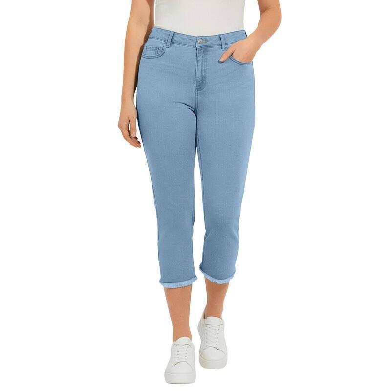 ロアマンズ レディース ボトムス カジュアルパンツ プラスサイズ クロップド キャップ Roamans Womens Plusize StraightLeg Frayed Hem Cropped Capri Jean Light Stonewash