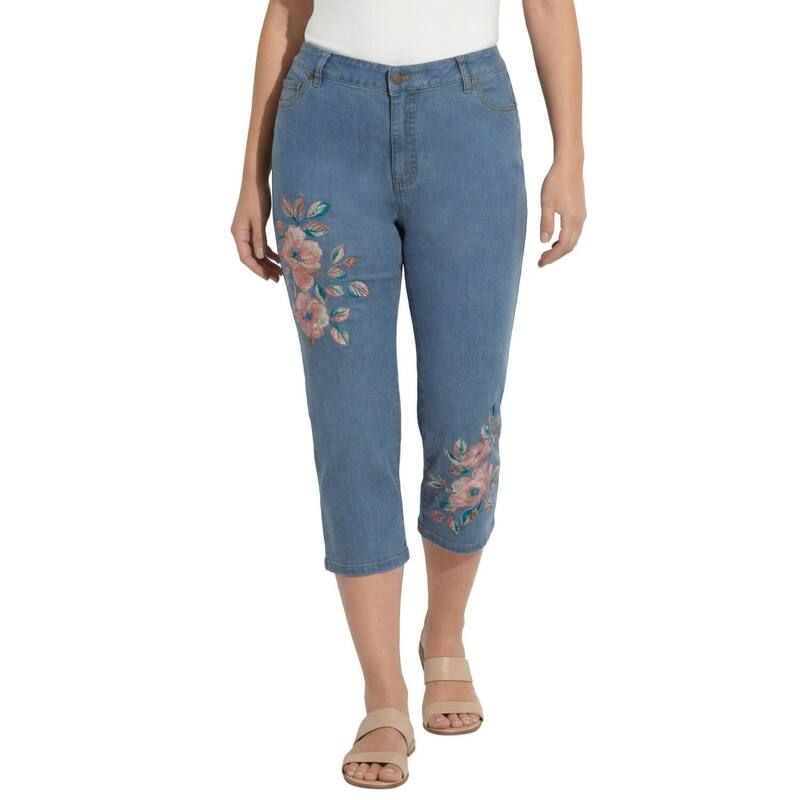 ロアマンズ レディース ボトムス カジュアルパンツ プラスサイズ 刺繍 キャップ Roamans Womens Plusize Classic StretchighRisembroidered Capri Jean Light Stonewash Bloom