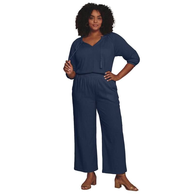 アベニュー レディース ボトムス カジュアルパンツ プラスサイズ シャーリング ニット Avenue Womens Plusize Knit Gauze Smocked WideLeg Pants Navy ネイビー