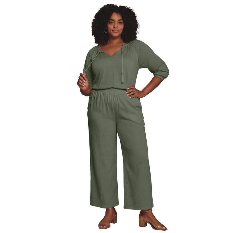 アベニュー レディース ボトムス カジュアルパンツ プラスサイズ シャーリング ニット Avenue Womens Plusize Knit Gauze Smocked WideLeg Pants Olive Green グリーン