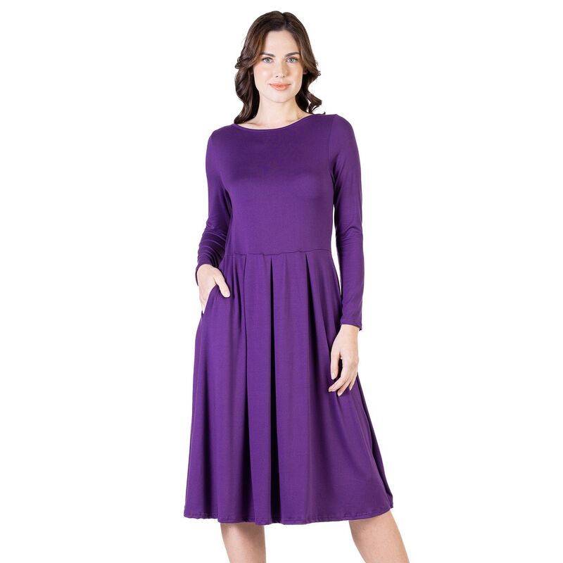 24 セブンコンフォート レディース トップス ワンピース プチ ミディ Petite 24Seven Comfort Apparelong Sleeve Fit Flare Pocket Midi Dress Purple パープル