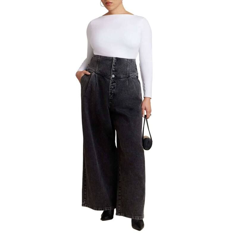 エロクイ レディース ボトムス デニムパンツ ワイドレッグ プラスサイズ ELOQUII Womens Plusize Corset Waist Wide Leg Jean Vintage Black ブラック