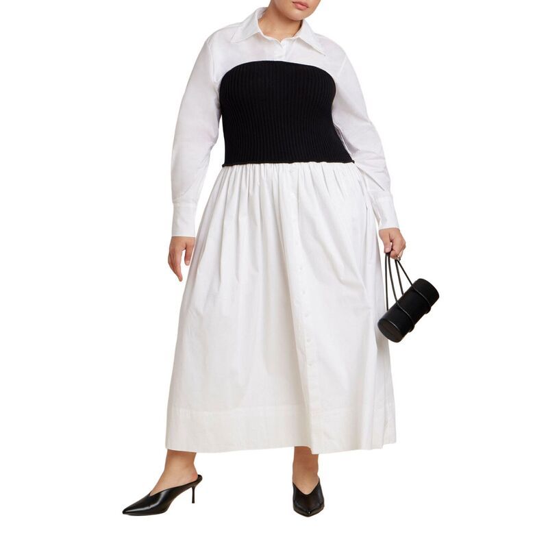エロクイ レディース トップス ワンピース プラスサイズ セーター シャツ ELOQUII Womens Plusize Sweater Twofer Shirt Dress White Black ホワイト