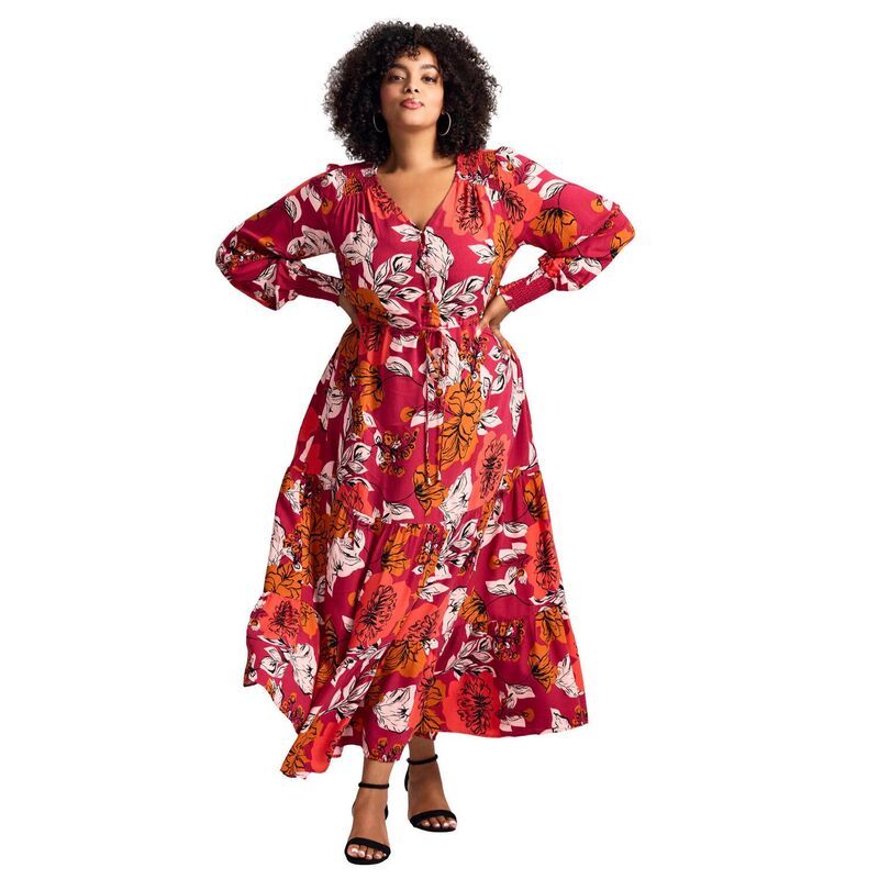 アベニュー レディース トップス ワンピース プラスサイズ マキシ Avenue Womens Plusize Second Nature Blouson Sleeve Maxi Dress Berry Sketch Floral