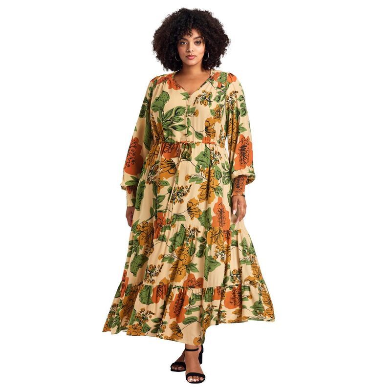 アベニュー レディース トップス ワンピース プラスサイズ マキシ Avenue Womens Plusize Second Nature Blouson Sleeve Maxi Dress Beige Sketch Floral ベージュ