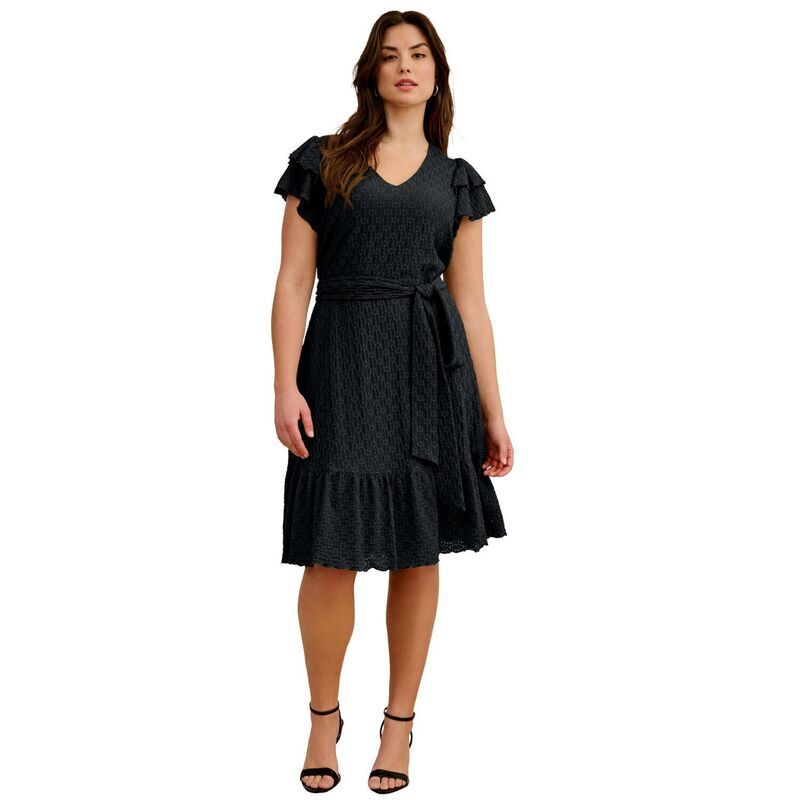 Ellos レディース トップス ワンピース プラスサイズ フリル レース ニット Ellos Plusize Stretch Knitie Waist Ruffle Lace Dress Black ブラック