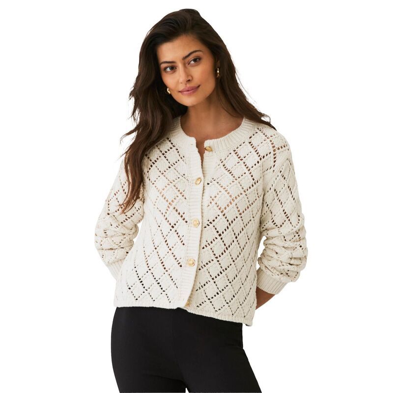 Ellos レディース アウター ニット・セーター プラスサイズ カーディガン Ellos Plusize Open Work Button Front Cardigan Ivory アイボリー
