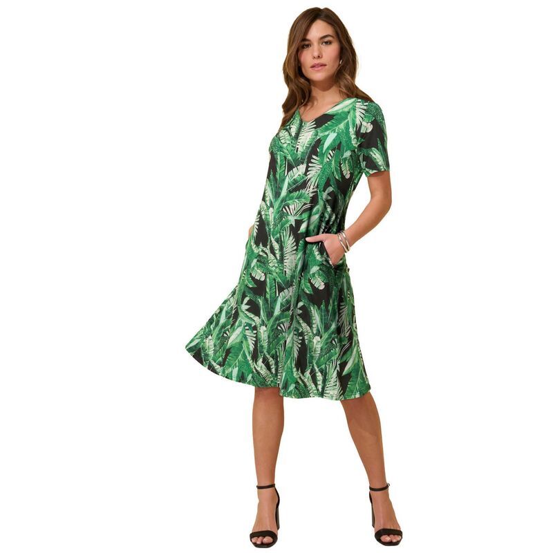 ロアマンズ レディース トップス ワンピース プラスサイズ シャツ ニット Roamans Womens Plusize Stretch Knit Swing Pocket Shirtdress Green Palm Leaves グリーン