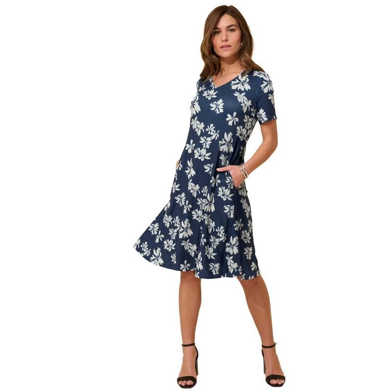 ロアマンズ レディース トップス ワンピース プラスサイズ シャツ ニット Roamans Womens Plusize Stretch Knit Swing Pocket Shirtdress Navy Tossed Blossoms ネイビー