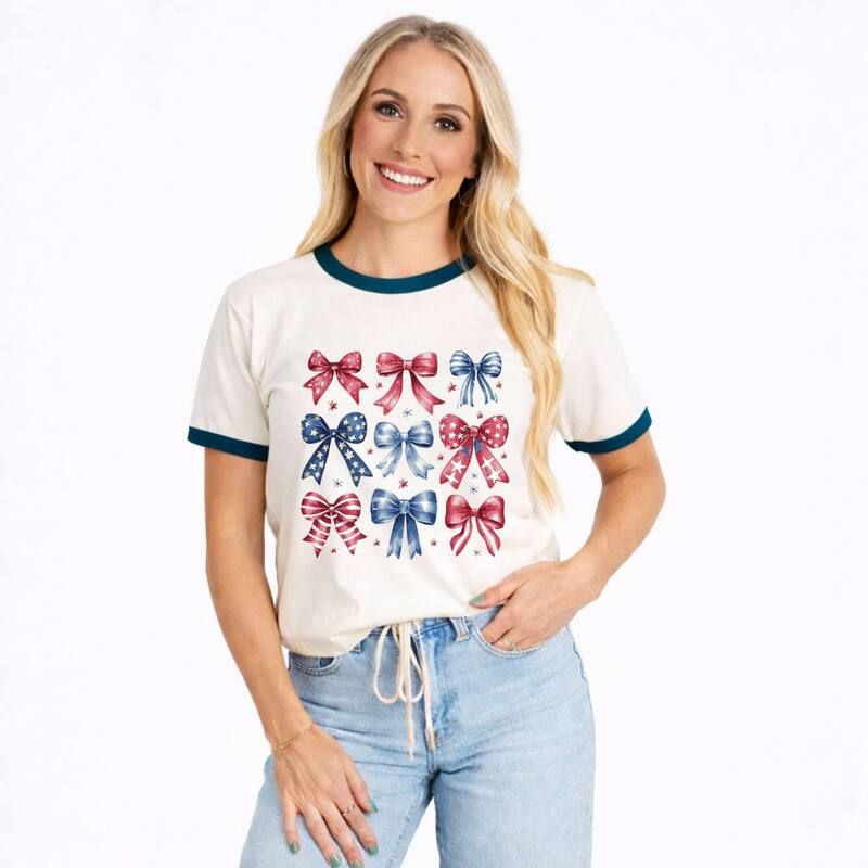 Simply Sage Market レディース トップス Tシャツ グラフィック Simply Sage Market Coquette Bow Chart Stars And Stripes Womens Ringer Graphic TShirt Vin