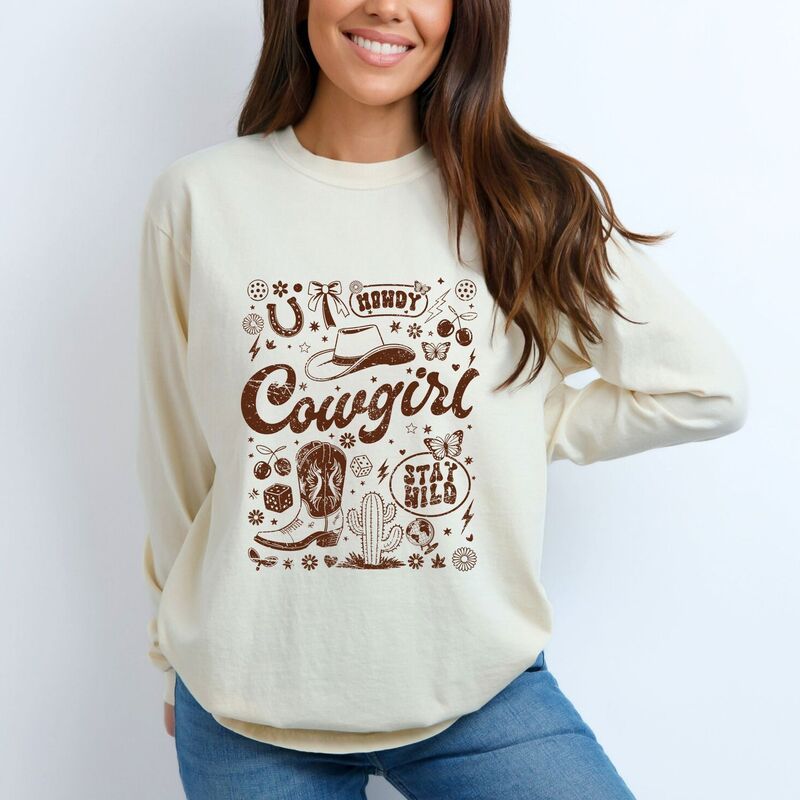 Simply Sage Market レディース トップス Tシャツ グラフィック Simply Sage Market Cowgirl Sketched Icons Womens Garment Dyed Long Sleeve Graphic TShirt