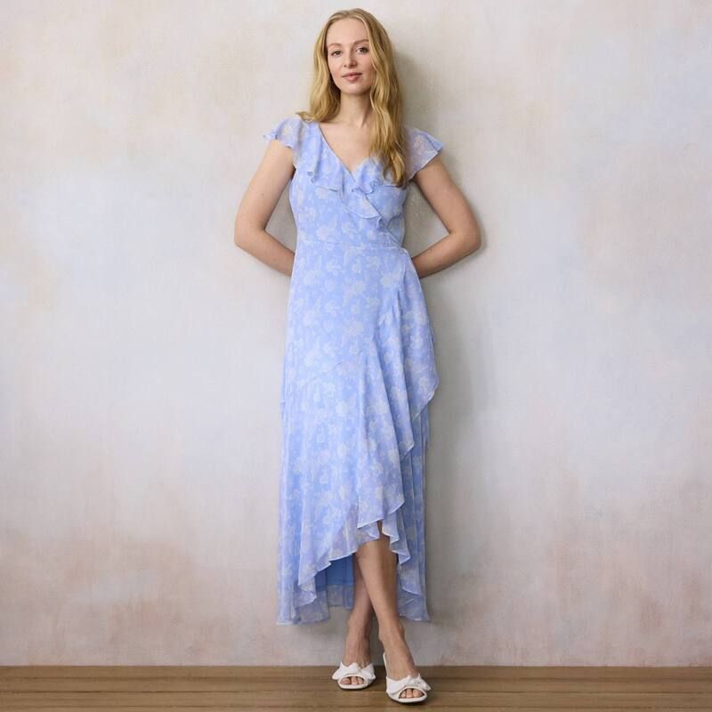 LC Lauren Conrad レディース トップス ワンピース プチ フリル ノースリーブ マキシ Petite LC Lauren Conrad Sleeveless Ruffle Wrap Maxi Dress Blue Paisley Flora ブ