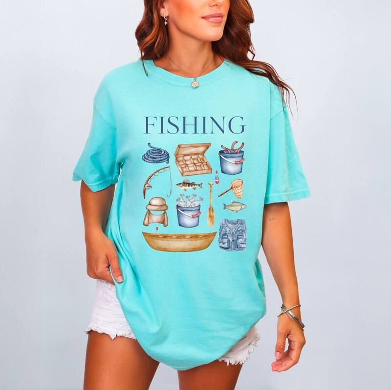 Simply Sage Market レディース トップス Tシャツ グラフィック Simply Sage Market Fishing Watercolor Collage Womens Garment Dyed Graphic TShirt Chalky