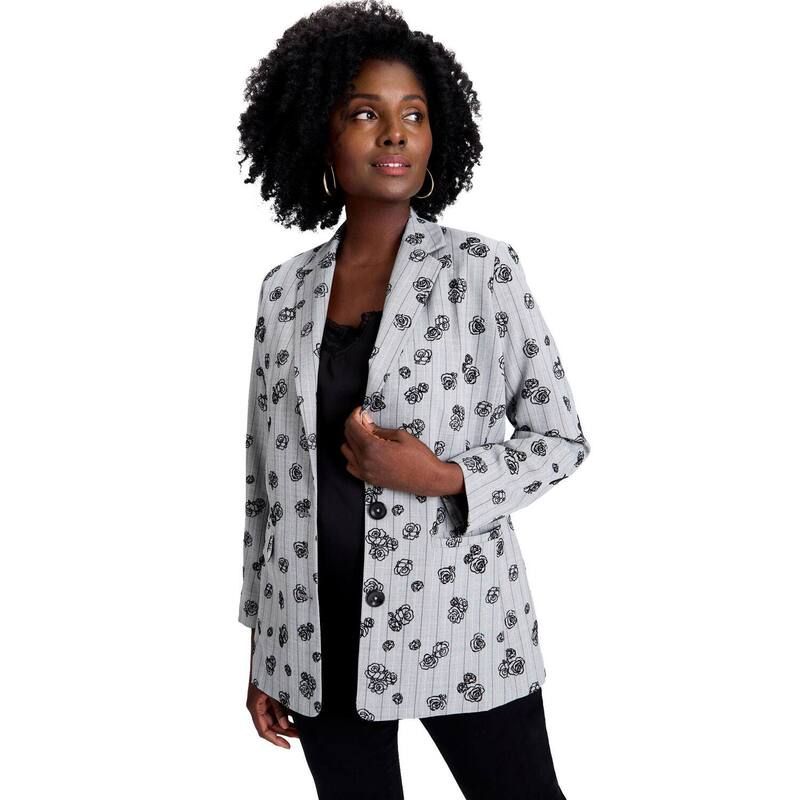 ジェシカロンドン レディース アウター ジャケット・ブルゾン フラワー柄 プラスサイズ ブレザー フラワー Jessica London Womens Plusize Flocked Floral Blazer Grey Rose Pinstripe グレー