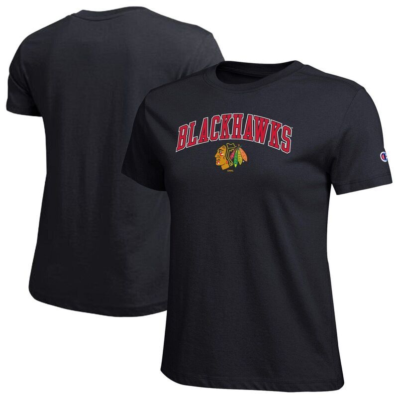 チャンピオン レディース トップス Tシャツ ロゴ Womens Champion Black Chicago Blackhawks Arch Mascot Logo TShirt Hwk Black ブラック