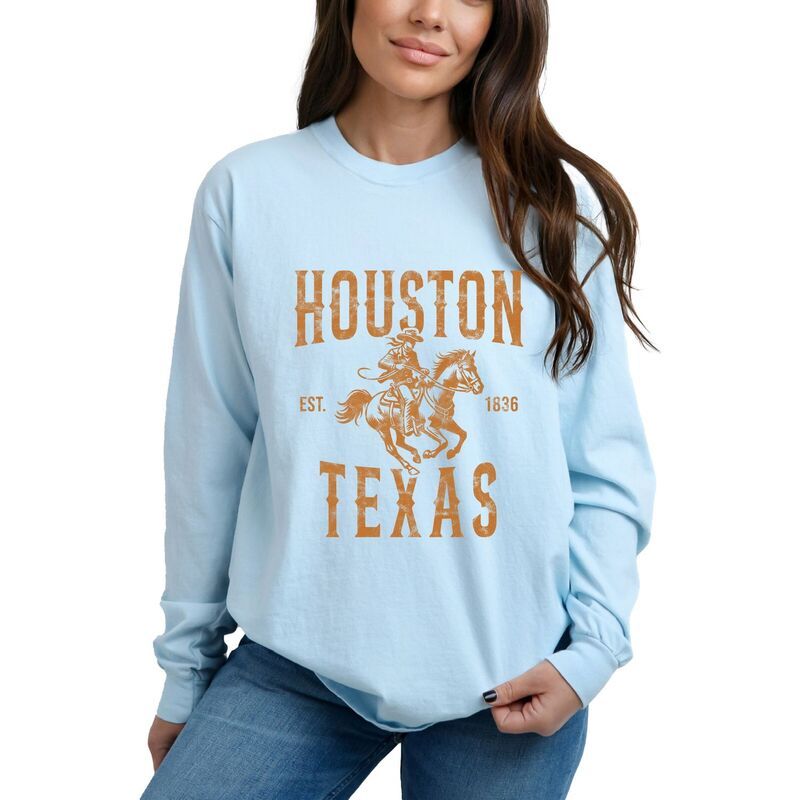 Simply Sage Market レディース トップス Tシャツ グラフィック Simply Sage Market Houston Texas Cowboy Distressed Womens Garment Dyed Long Sleeve Graph