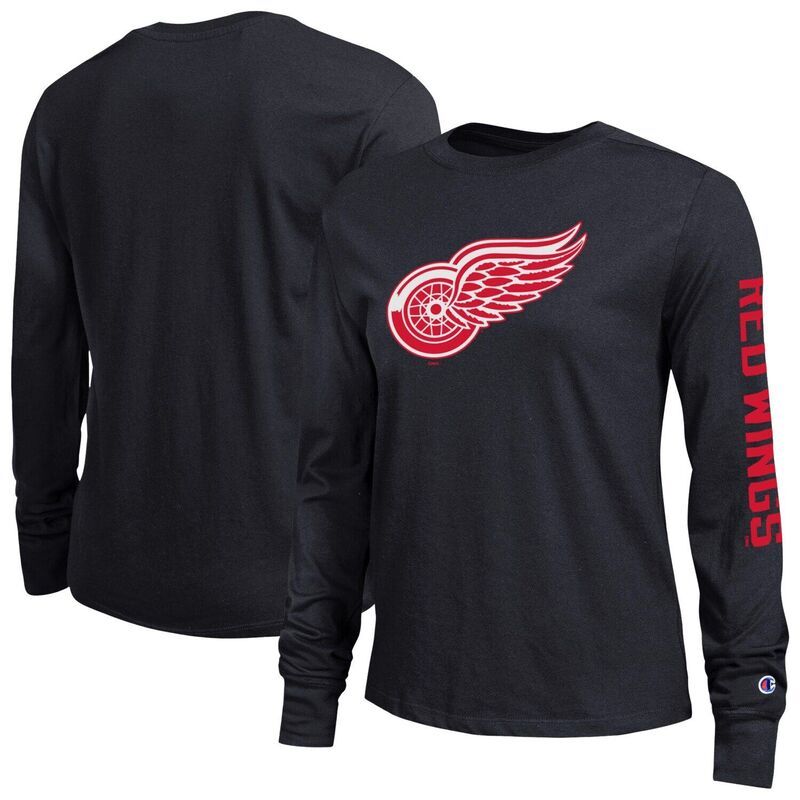 チャンピオン レディース トップス Tシャツ Womens Champion Black Detroit Red Wings 2Hit Long Sleeve TShirt Rdw Black ブラック
